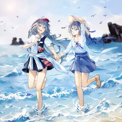  2girls :d absurdres beach bird black_skirt blue_eyes blue_skirt blue_sky clothes_around_waist cloud cloudy_sky fu_hua fu_hua_(herrscher_of_sentience) full_body grey_hair hat highres holding_headpiece honkai_(series) honkai_impact_3rd jacket jacket_around_waist long_hair long_sleeves looking_at_another multiple_girls ocean open_mouth outdoors qqqne red_eyes red_nails running sand sandals shirt skirt sky smile straw_hat summer summer_uniform toes waves white_jacket white_shirt 