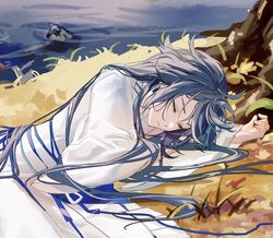  bangs black_hair chinese_clothes closed_eyes closed_mouth earrings female fu_hua grass hair_between_eyes highres honkai_(series) honkai_impact_3rd jewelry long_hair lying ocean on_side outdoors qqqne shirt sleeping solo white_shirt 