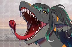  absurd_res anthro black_hair bodily_fluids dripping ear_piercing excessive_saliva female fish gaping_mouth hair headshot_portrait hi_res long_tongue marine mouth_shot ms.sunrise open_mouth piercing ponytail portrait saliva saliva_drip saliva_string shark sharp_teeth solo teeth tongue 