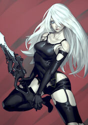  a2_(nier:automata) absurdres android armlet bare_shoulders black_gloves black_shorts black_tank_top blue_eyes boots commentary_request elbow_gloves female gloves hair_over_one_eye high_heel_boots high_heels highres holding holding_weapon joints long_hair mole mole_under_mouth nier:automata nier_(series) pale_skin red_background robot_joints shorts solo sword tank_top thinker_0616 type-4o_sword weapon white_hair 