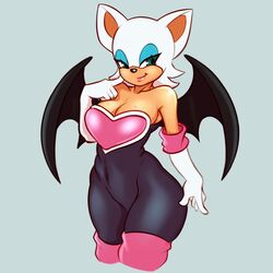  1:1 2019 5_fingers anthro armwear bat big_breasts black_nose breasts cleavage clothed clothing elbow_gloves eyeshadow female fingers gloves green_eyes grey_background half-closed_eyes handwear hi_res jakuson_z lipstick makeup mammal membrane_(anatomy) membranous_wings narrowed_eyes rouge_the_bat sega simple_background smile solo sonic_the_hedgehog_(series) tight_clothing wings 