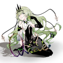  artist_name asymmetrical_gloves bangs black_dress black_gloves breasts claw_ring cleavage dress female full_body gloves green_eyes green_hair grin hair_between_eyes headpiece highres honkai_(series) honkai_impact_3rd long_hair mobius_(honkai_impact) open_mouth qqqne seiza shadow simple_background sitting sleeveless sleeveless_dress smile solo teeth uneven_gloves white_background 