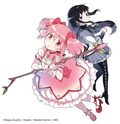  2girls akemi_homura akemi_homura_(magical_girl) aniplex ankle_ribbon argyle_clothes argyle_legwear back-to-back back_bow black_bow black_hair black_pantyhose black_ribbon bow bow_(weapon) bubble_skirt bud buttons capelet center_frills choker clenched_hand closed_mouth collarbone commentary_request cross-laced_footwear dot_nose dutch_angle expressionless flat_chest floating_hair frilled_skirt frilled_sleeves frills from_above full_body gloves grey_capelet grey_skirt hair_between_eyes hair_ribbon hands_up hanokage head_tilt high_heels highres holding holding_bow_(weapon) holding_weapon jitome kaname_madoka kaname_madoka_(magical_girl) knees_together_feet_apart leaf leg_ribbon light_blush long_hair long_sleeves looking_at_viewer looking_up mahou_shoujo_madoka_magica mahou_shoujo_madoka_magica_(anime) multiple_girls neck_ribbon official_art pantyhose parted_lips pink_bow pink_eyes pink_hair pink_ribbon pleated_skirt puffy_short_sleeves puffy_sleeves red_choker red_footwear ribbon shoes short_sleeves short_twintails simple_background skirt sleeves_past_wrists soul_gem tareme twintails waist_bow weapon white_background white_gloves white_legwear white_skirt wide-eyed 