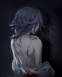  absurdres back black_hair blood blood_on_clothes braid bruise cuts earrings female fu_hua highres honkai_(series) honkai_impact_3rd injury jewelry long_hair looking_ahead no_bra qqqne shirt solo white_shirt 