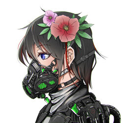  absurdres black_hair blue_eyes commentary_request ear_piercing female flower from_side hair_flower hair_ornament highres original piercing respirator rin60527617 short_hair solo tube white_background 