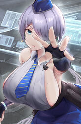  absurdres black_gloves blue_eyes blue_necktie blue_skirt bracelet breasts brid_(nikke) collared_shirt elbow_gloves female fingerless_gloves fluffyebi01 from_above gloves goddess_of_victory:_nikke grey_hair hair_over_one_eye highres huge_breasts jewelry long_hair looking_at_viewer low-tied_long_hair microphone mole mole_on_breast necktie outstretched_hand pouch ribbed_shirt shirt sideless_shirt skirt sleeveless sleeveless_shirt solo very_long_hair white_shirt 