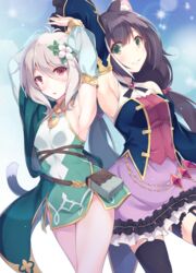  2girls animal_ear_fluff animal_ears antenna_hair armpits bare_shoulders black_hair blush breasts cat_ears cat_girl cat_tail commentary_request detached_sleeves dress flower green_eyes grey_hair hair_between_eyes hair_flower hair_ornament itoichi. karyl_(princess_connect!) kokkoro_(princess_connect!) long_hair long_sleeves looking_at_viewer low_twintails multicolored_hair multiple_girls open_mouth pointy_ears princess_connect! red_eyes short_hair small_breasts smile streaked_hair tail twintails very_long_hair white_flower white_hair 