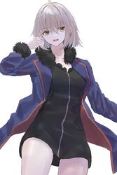  ahoge black_dress blue_jacket collarbone dress fate/grand_order fate_(series) female fur-trimmed_jacket fur_trim grey_hair hair_between_eyes hand_in_own_hair highres jacket jeanne_d&#039;arc_alter_(fate) jeanne_d&#039;arc_alter_(ver._shinjuku_1999)_(fate) kei201107 looking_at_viewer official_alternate_costume open_mouth short_dress simple_background solo white_background yellow_eyes 