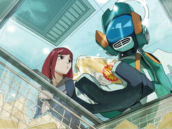  angel_wings canti female flcl halo holding humanoid_robot indoors pakkun red_hair robot sailor_collar samejima_mamimi school_uniform science_fiction shopping white_sailor_collar wings 