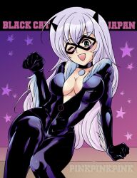  animal_ears black_cat_(marvel) blue_eyes bodysuit breasts cat_ears choker cleavage felicia_hardy female female fur latex long_hair marvel mask open_mouth pinkpinkpink silver_hair sitting solo spider-man_(series) unzipped wink 