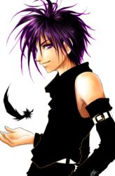  armpit armpits bare_shoulders belt character_request d.n.angel daisuke_niwa_angel dark_(character) detached_sleeves feathers hair_over_one_eye lowres male male_focus profile purple_eyes purple_hair short_hair simple_background smile smirk solo spiked_hair violet_eyes yukiru_sugisaki 