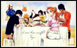  abarai_renji black_eyes black_hair bleach braids brown_eyes brown_hair food glasses group hat inoue_orihime ishida_uryuu kubo_tite kuchiki_rukia kurosaki_ichigo long_hair orange_hair ponytail red_hair ribbons short_hair shorts yasutora_sado 