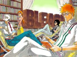  abarai_renji black_eyes black_hair bleach book glasses gloves group inoue_orihime kubo_tite kuchiki_rukia kurosaki_ichigo long_hair orange_eyes orange_hair red_eyes red_hair short_hair skirt tie 