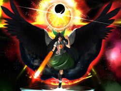  arm_cannon arm_up arugeri black_hair black_sun bow cape duplicate eclipse female floating glowing hairbow highres large_bow large_wings long_hair looking_at_viewer paint_splatter pointing radiation_symbol red_eyes reiuji_utsuho ribbon smirk solar_eclipse solo star_(sky) sun third_eye touhou weapon wings 