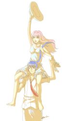  ^_^ arm_up artist_request bangs bare_arms barefoot blue_hair bracelet breasts carrying closed_eyes couple dress female frilled_dress frills hand_up happy hat hat_removed headwear_removed high_heels holding holding_another&#039;s_hair holding_hat jewelry legs long_hair macross macross_frontier medium_breasts necktie one_eye_closed pants pink_hair ponytail red_neckwear saotome_alto sheryl_nome short_sleeves shoulder_carry signature simple_background sleeveless sleeveless_dress smile standing straight sun_hat white_background 