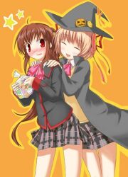  aqua_eyes blonde_hair blue_eyes blush brown_hair candy cloak closed_eyes hair_ribbon hair_ribbons halloween hat inu_yori_neko kamikita_komari little_busters little_busters! long_hair natsume_rin plaid plaid_skirt ponytail red_eyes ribbon ribbons school_uniform serafuku short_hair skirt smile tartan 