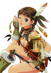  beads blue_eyes braid breasts brown_hair cleavage earrings face_paint facepaint feathers hatchet indian jewelry native_american necklace open_mouth original panties short_twintails smile squaw tomahawk tribal twin_braids twintails twintails underwear weapon wink 