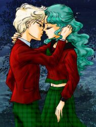  aqua_hair bishoujo_senshi_sailor_moon blonde_hair kaiou_michiru kissing long_hair school_uniform seifuku short_hair ten&#039;ou_haruka tenou_haruka yuri 