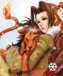  aerith_gainsborough animal brown_hair coat couple earrings feline female final_fantasy final_fantasy_vii fire green_eyes henyo jewelry long_hair lowres lying ponytail red_xiii scar snow snowflake snowflakes tail yellow_eyes 