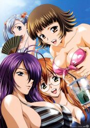  4girls ahoge antenna_hair artbook bikini blue_eyes blue_hair breast_squeeze breasts brown_eyes brown_hair chouhi_ekitoku cleavage covering_mouth dutch_angle fan fanbook folding_fan green_eyes hair_bobbles hair_ornament hair_over_one_eye happy highres huge_breasts ikkitousen ikkitousen_dragon_destiny kan&#039;u_unchou kanu_unchou kawarajima_koh kawarajima_kou multiple_girls official_fanbook ryuubi_gentoku scan shokatsuryou_koumei short_hair striped striped_bikini striped_swimsuit swimsuit twintails 