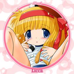  90s :o bangs blonde_hair blue_eyes blunt_bangs blush bowl buruma checkered checkered_background circle close-up flat_chest flower food gym_uniform hair_ribbon hairband kayama_licca lolicon long_hair lying messy on_back onigiri open_mouth ribbon solo spill spread_legs striped striped_background super_doll_licca-chan tears tokuda_shinnosuke 