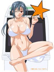  arcade arcade_cabinet banned_artist barefoot bikini blue_hair breasts highleg highleg_bikini highleg_swimsuit hiviki_n&#039;alchemy huge_breasts long_hair md5_mismatch one_eye_closed original ponytail red_eyes solo star swimsuit translated underboob white_swimsuit 