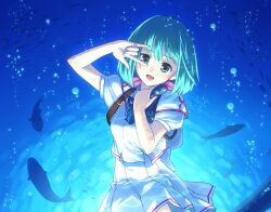  \m/ aqua_eyes aqua_hair backpack bag blue blue_eyes bubble fish macross macross_frontier microphone oerba_yun_fang ranka_lee school_uniform seikan_hikou short_hair solo underwater yasuyuki 