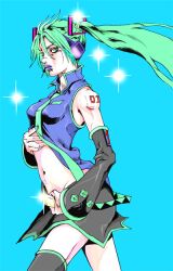  araki_hirohiko_(style) artist_request bare_shoulders cosplay detached_sleeves green_eyes green_hair hatsune_miku jojo_no_kimyou_na_bouken kuujou_jolyne lips lipstick long_hair makeup midriff navel necktie parody purple_lipstick skirt sleeveless solo sparkle stone_ocean style_parody thighhighs twintails vocaloid 