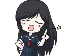  artist_request black_hair blush chibi closed_eyes female female hand_on_hip hips kaibutsu_oujo kamura_reiri long_hair lowres oerba_yun_fang open_mouth sailor_fuku school_uniform serafuku simple_background solo star vampire 