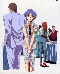  brown_hair cel cel_painting fatal_fury formal masami_obari motion_picture oobari_masami people production_art purple_hair snk suit sulia_gaudeamus sulia_gaudemus table 