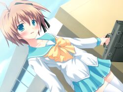  aqua_eyes bag banned_artist blush brown_hair dutch_angle game_cg hair_ribbon love_kiss!_anchor moritan non-web_source ribbon school_bag school_uniform serafuku short_hair solo tears thighhighs 