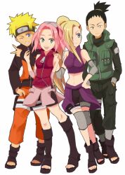  2girls banned_artist blonde_hair ino_yamanaka multiple_boys multiple_girls nara_shikamaru naruto naruto_(series) one_eye_closed sakura_haruno smile uzumaki_naruto yokige 