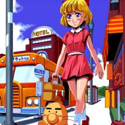  blonde_hair blue_eyes bus doseisan dress hotel lolicon mother mother_(game) mother_2 motor_vehicle mr_saturn nintendo paula_polestar sidewalk vehicle walking 