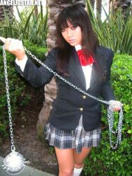  angelicstar brown_hair brown_hair cosplay flail gogo_yubari kill_bill legwear long_hair martial_arts photo photo_shoot photograph plaid plaid_skirt pose posing school_uniform skirt stockings thighhighs villain weapon 