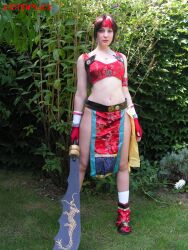  asian_clothes brown_hair brown_hair cosplay female female fingerless_gloves gloves long_hair outdoors photo red_shoes seong_mi-na seong_mi-na_(cosplay) seung_mina shoes solo soul_calibur soulcalibur_ii weapon 