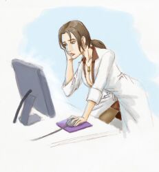  breasts brown_hair cleavage computer computer_mouse female labcoat metal_gear metal_gear_(series) metal_gear_solid metal_gear_solid_4 monitor mousepad naomi_hunter ponytail sleeves_rolled_up solo 