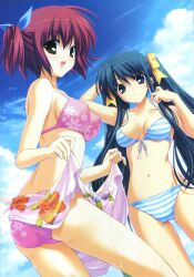  2girls absurdres bikini blue_eyes blue_hair cloud clouds hair_ribbon hair_ribbons highres multiple_girls pink_hair ribbon ribbons swimsuit twintails yellow_eyes 