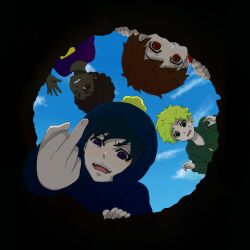  4boys afro black_hair blonde_hair brown_hair clyde_donovan craig_tucker dark_skin earflap_hat from_below hat hat_pompom hole looking_at_viewer looking_up male male_focus middle_finger multiple_boys red_eyes sky smile south_park sweat token_black tweek_tweak 