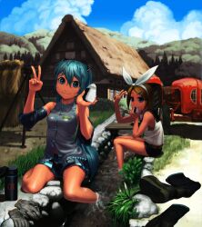  2girls bad_id bad_pixiv_id boots cloud day detached_sleeves eating food food_on_face gloves hair_ribbon hatsune_miku highres house kagamine_rin multiple_girls onigiri rias-coast ribbon rice rice_on_face sitting skirt sky soaking_feet thigh_boots thighhighs tractor v vocaloid water 