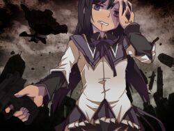  akemi_homura akemi_homura_(magical_girl) bad_id bad_pixiv_id black_hair black_pantyhose blood blood_from_eyes clenched_teeth female grey_background gun hand_on_own_face long_hair mahou_shoujo_madoka_magica mahou_shoujo_madoka_magica_(anime) nt00 panties panties_under_pantyhose pantyhose photoshop_(medium) purple_eyes ruins skirt teeth torn_clothes torn_pantyhose underwear walpurgisnacht_(madoka_magica) weapon 