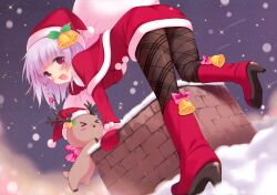  &gt;_&lt; :d absurdres antlers ass bell bent_over black_legwear blush boots braid chimney christmas closed_eyes female from_behind from_below hat highres lavender_hair looking_back mittens night night_sky open_mouth original pan_(mimi) pantyhose patterned_legwear plaid plaid_legwear print_legwear purple_eyes purple_hair sack santa_costume santa_hat short_hair side_braid sky smile snow snowing thighs 