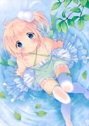  absurdres afloat blonde_hair blue_eyes blush bow_legwear dress eyes_visible_through_hair female from_above green_dress hair_ornament highres knees_together_feet_apart leaf looking_at_viewer looking_up one_side_up original outdoors pan_(mimi) parted_lips pom_pom_(clothes) shallow_water sitting solo sundress thighhighs water wet wet_clothes white_thighhighs 