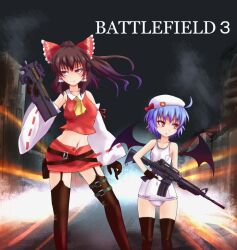  2girls adapted_costume alternate_costume alternate_headwear ascot assault_rifle bad_id bad_pixiv_id bat_wings battlefield_(series) battlefield_3 belt black_gloves blue_hair bow brown_hair bullpup detached_sleeves garter_straps gloves gun hair_tubes hairbow hakurei_reimu hat holding holding_gun holding_weapon long_hair m4_carbine midriff miniskirt multiple_girls navel one-piece_swimsuit p90 red_eyes remilia_scarlet rifle road school_swimsuit shirt short_hair skirt smirk street submachine_gun sumapan swimsuit thighhighs touhou vanishing_point weapon white_one-piece_swimsuit wings 