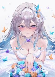  1girls blush blushing_at_viewer butterflies butterfly cleavage cleavage_cutout crying crying_with_eyes_open female female_focus female_only firefly_(honkai:_star_rail) flower flower_in_hair flowers gradient_hair grey_hair happy happy_tears honkai:_star_rail honkai_(series) light-skinned_female light_skin long_hair looking_at_viewer medium_breasts purple_eyes qiandaiyiyu ring ring_on_finger romantic romantic_ambiance surprise surprised surprised_expression tagme wedding wedding_dress wedding_lingerie wedding_ring 