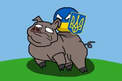  ambiguous_gender blue_background blue_body brown_body coat_of_arms countryballs domestic_pig duo feral green_background huanguangchen mammal politics riding_on_back shield simple_background snout sphere_creature suid suina sus_(pig) ukraine white_eyes yellow_body 