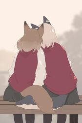  anthro anthro_on_anthro bench biped black_bottomwear black_clothing black_legwear black_skirt bottomwear brown_body brown_ears brown_fur brown_hair canid canine canis clothed clothing daww day detailed_background digital_media_(artwork) dipstick_ears domestic_dog duo ear_markings elele female female/female fluffy fluffy_tail fox fully_clothed fur furgonomics grey_body grey_ears grey_fur hair hi_res kemono leaning_on_another legwear mammal monotone_hair multicolored_ears outside plant portrait public rear_view red_clothing red_shirt red_topwear romantic romantic_couple shirt sitting skirt sky tail tail_on_tail tail_through_skirt tails_touching three-quarter_portrait topwear tree two_tone_ears white_body white_clothing white_ears white_fur white_hair white_shirt white_topwear 