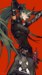  adjusting_hair alternate_hairstyle arknights armband arms_up belt black_shirt breasts cowboy_shot ear_piercing facial_scar fangs female hair_between_eyes hannya highres horns hoshiguma_(arknights) long_hair long_sleeves looking_at_viewer medium_breasts oni_horns oni_mask open_mouth pants piercing pointy_ears ponytail red_background scar scar_on_cheek shirt simple_background slender_waist solo tobi0728 turtleneck tying_hair watermark web_address yellow_eyes 