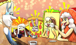  anatid anseriform anthro avian beef beverage bird brenda_springer burger burger_costume burrito canid canine canis clothed clothing container costume cup della_duck disney domestic_dog duck ducktales ducktales_(2017) female food food_costume furniture glass group illumination_entertainment judy_hopps lagomorph leporid lola_bunny looney_tunes mammal meat pizza porsha_crystal questionmarkdragon rabbit sandwich_(food) simple_background sing_(movie) steak table warner_brothers wolf zootopia 