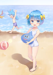  1boy 2others absurdres alternate_color_school_swimsuit ball beach beachball blue_eyes blue_hair blue_swim_trunks blunt_bangs blurry blurry_background blush bow breasts brother_and_sister commentary_request depth_of_field dragon dragon_kid_(dragon_quest) dragon_quest ear_piercing female female_child full_body green_bow hairbow hero&#039;s_daughter_(dq5) hero&#039;s_son_(dq5) highres lolicon male_child male_swimwear multiple_others ocean old_school_swimsuit one-piece_swimsuit outdoors paid_reward_available piercing ponytail school_swimsuit short_hair siblings slime_(creature) slime_(dragon_quest) small_breasts standing swim_trunks swimsuit tenjou_ryuka white_one-piece_swimsuit 