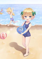  1boy 2others absurdres ball beach beachball blonde_hair blue_eyes blue_one-piece_swimsuit blue_swim_trunks blunt_bangs blurry blurry_background blush bow breasts brother_and_sister commentary_request depth_of_field dragon dragon_kid_(dragon_quest) dragon_quest ear_piercing female female_child full_body green_bow hairbow hero&#039;s_daughter_(dq5) hero&#039;s_son_(dq5) highres lolicon male_child male_swimwear multiple_others ocean old_school_swimsuit one-piece_swimsuit outdoors paid_reward_available piercing ponytail school_swimsuit short_hair siblings slime_(creature) slime_(dragon_quest) small_breasts standing swim_trunks swimsuit tenjou_ryuka 